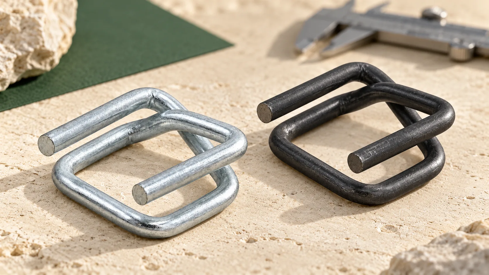 Galvanized and phosphated wire buckles on a light stone surface